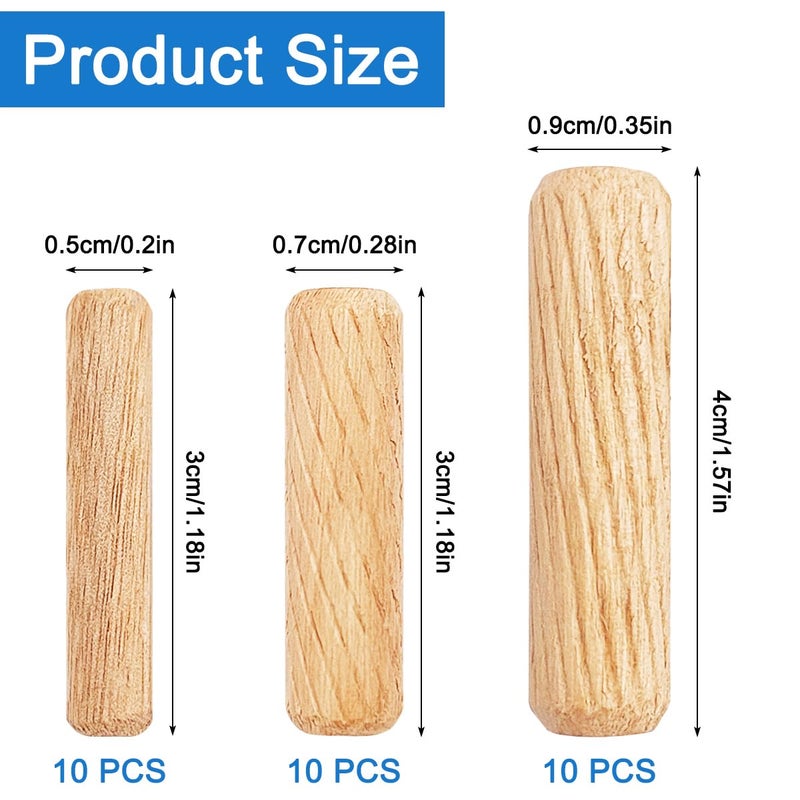 CKANDAY 30Pcs Wooden Dowels Assorted, M6 M8 M10 Fluted Wood Dowel Pins, Hard Wood Grooved Plug, 1/4 5/16 3/8 Inch Furniture Woodwork Straight Grooved Dowel for Crafts, Furniture, DIY, Carpentry (6mm 8mm 10mm) - Image 2